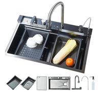 TVTIUO Lavello da cucina multifunzionale, in acciaio inox, a cascata, con rubinetto estraibile e accessori (75 x 45 cm), grigio canna di fucile