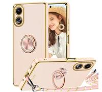 TVVTPU Cover per Oppo A38 4G/Oppo A18 4G con Cordino e 360° Anello Supporto, Custodia Sottile Morbido Silicone TPU Antiurto Dorata Placcatura Protettiva Case con Regolabile Collana Tracolla, Rosa