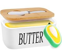 TWBEST Burriera in Ceramica,16.5 * 10 * 7.5cm Burriera con Coperchio+Spugna per la Pulizia,Kitchen Portaburro da frigo in Ceramica Bianca con Coperchio