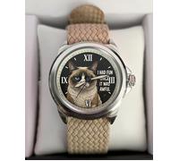 TWD Orologio Polso Rotondo Pop Art Gatto Grumpy Khaki Cinturino Tessuto 2026