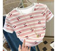 Tween Girls Digital Cherry Stripe Pattern Crew Neck Short Sleeve Romper, Casual & Comfortable For Spring/Summer, Versatile Outfit Suitable For all'aperto Activities, Picnics, Street Photography, Vacat