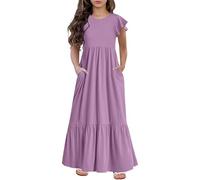 Tween - Maxi abito casual da bambina, con maniche a volant, a doppio strato, svasato, in tinta unita, con scollo rotondo, per la scuola, per le vacanze estive, con tasche (viola, 10-11 anni)
