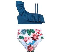 Tween Ragazze Una Spalla Nuoto Ostume Due Pezzi Bambini Stampa Floreale Volant Tankini Carino A Vita Alta Bikini Set Beach Costume Da Bagno Costumi Da Bagno Hawai, Blu, 10-11 Anni
