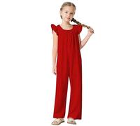 Tween - Tuta da ragazza con maniche ad aletta e punto smock a gamba larga, per bambine, salopette estiva alla moda vintage (rosso, 7-8 anni)
