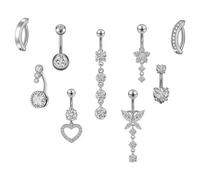 Tweozek 9 piercing per ombelico, non arrugginiscono, barra curva per ombelico con anelli corti e lunghi, design a forma di cuore, farfalla e fiori