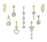 Tweozek 9 piercing per ombelico, non arrugginiscono, barra curva per ombelico con anelli corti e lunghi, design a forma di cuore, farfalla e fiori
