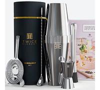 Twice Element® Cocktail Shaker Set | Shaker Boston Style in Acciaio Inox: Elegante Cofanetto Regalo (Nera), Pestello in Legno, Strainer, Misurino, Cucchiaio e Libro di Ricette