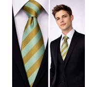 Twill Lusso Uomo Cravatta Verde Menta & Oro Marrone Righe Elegante Seta Ufficio