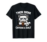 Twin Mom Cat Design Powered by Caffeine & Guilt Funny Twins Maglietta