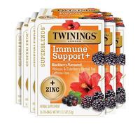 Twinings Superblendes, supporto immunitario + ibisco aromatizzato alla mora di zinco, erbe di sambuco, naturalmente senza caffeina, 16 bustine di tè (confezione da 6), da gustare calde o ghiacciate