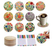 Twinklemon 10 Pezzi Sottobicchieri in Legno da Dipingere, 10 cm Tema Vegetale Divertente Fai Da Te, con Pennarello 8 Colori, Rondelle di Sughero per Artigianato Creativo, Decorazione per Tavolo Caffè