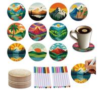 Twinklemon 10 Pezzi Sottobicchieri in Legno da Dipingere con 8 Colori, Set Fai Da Te di 10 cm a Tema Paesaggio, Sottobicchieri in Sughero Rotondi per Arte Creativa, Decorazione da Tavolo per Caffè a