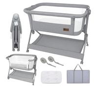 Twinly - Culla Co-Sleeping Comfortly con Ruote | Pieghevole in pochi secondi, Altezza Regolabile (5 posizioni), Traspirante 0+ mesi fino a 9 kg, Materasso, Lenzuolo, Borsa e Cesta - Senza Montaggio