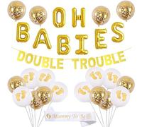 Twins Baby Shower Decorations Set Gold Theme, Banner, OH BABIES Balloons, Mummy To Be Sash for Babies Party Supplies