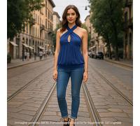 TwinSet Blusa Top Da Donna Medium Blu Nero Allacciato Al Collo Scollo Incrociato