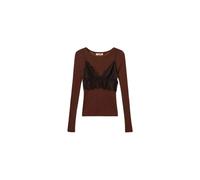 Twinset - Maglia a maniche lunghe in misto cotone e seta trasparente con sottoveste in pizzo - - Tops - Donna - Marrone - S
