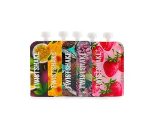 Twistshake Sacchetti Pappa 220ml - Set 5 Pezzi | Riutilizzabili con Doppia Chiusura | Borsa Alimenti Senza BPA | Antigoccia | Adatti al Freezer | Design Frutta | Ideali Svezzamento