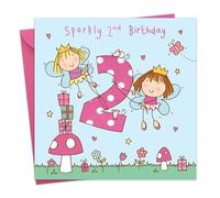 Twizler - Biglietto di auguri per il 2° compleanno, con principesse fatate e brillantini, per bambine