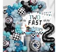 Two Fast 2 Fast Too Curious - Set di decorazioni per 2° compleanno, con sfondo, topper per torta, palloncini