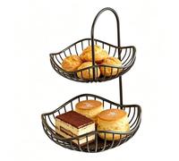 Two Fruit Basket, Metal Storage Organizer, Stackable Kitchen Holder Design Black Countertop Rack, for Fruits Vegetables Bread Snacks Pantry Kitchen Counter Living Room Organization Use 11.81x7.87inch