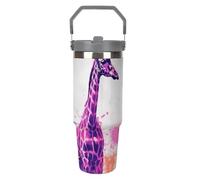 Two Giraffes - Bicchiere da viaggio con cannuccia, in acciaio inox isolato, con manico, design a doppia parete, coperchio a prova di perdite, mantiene le bevande calde/fredde per ore