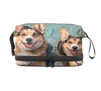Two Happy Corgi Dogs - Trousse a doppio strato per cosmetici per donne e ragazze, borsa da viaggio per trucchi, pratica borsa organizer con scomparto per pennelli, Multi, 27x15x14 cm/10.6x5.9x5.5 in,