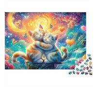 Two Kittens Cuddle Amid Colorful Flowers, Butterflies And A Glowing Moon Puzzle Da 1000 Pezzi Cute Cat Perfetto Per Le Serate Di Giochi, Adulti E Bambini 70x50cm/1000pcs