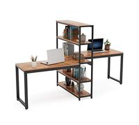 Two Person Computer Desk with Bookshelf 90 Inches Double Face-Face Workstation Desk with Storage Shelf Extra Large Writing Office Desk for Home Office