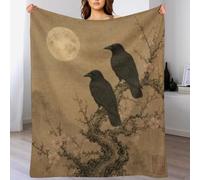 Two Ravens on Moonlit Branch, Asian Ink Art, Plaid, Morbida Flanella, Letto