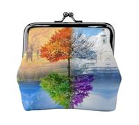 Two Season Trees Print Double Clasp Metal Frame Leather Kiss Lock Change Pouch Wallet per le donne con chiavi, piccole borse, Nero , Taglia unica