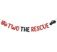 Two The Rescue Banner, Rescue Vehicle 2nd Birthday Banner Emergency The Rescue Birthday Party Decoration Red Black Glitter Paper Cheers to Two Years Party Supplies