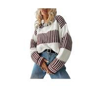 Two-Tone Drop Shoulder Striped Trim Sweater for Women's, Retro Block Loose Crewneck Knit Top, Oversized Long Sleeve Pullover for Fall/Winter Daily Casual, bordeaux, S