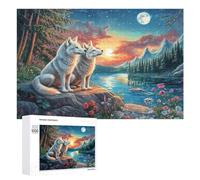 Two White Wolves by Moonlit Lake with Pines Puzzle 1000 Pezzi Per Adolescenti 14+ Esercizio Logico Sviluppo Delle Competenze Regalo Per Educazione 1000 PCS