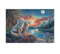 Two White Wolves by Moonlit Lake with Pines Puzzle 300 Pezzi Per Amanti Del Rompicapo Collezionisti 300 Pezzi Paesaggi Classici Relax E Stimolo Intellettuale Per Adulti 300 PCS