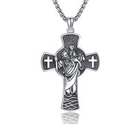 TwoAnts Gesù/Ankh/Sacro Cuore di Gesù/Santo Cristoforo/San Giuseppe Croce Collana in argento 925 Amuleto Ciondolo Collana Regalo Cristiano Gioielli per Uomo Donna, Argento sterling