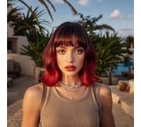 Twobla Parrucca bob, con radice da rosso ciliegia scuro a rosso intenso, con frangia, da donna, ondulata, 40 cm, con frangia, resistente al calore, facile da usare, non richiede colla