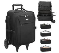 Twofold Astuccio per trucchi con 4 piccole borse, organizer da viaggio grande con 2 ruote grandi, zaino professionale con serratura per truccatori con divisori regolabili per lavoro, nero