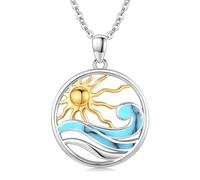 Twoowl Collana con ciondolo a forma di onda, in argento Sterling 925, con ciondolo a forma di sole, oceano, surf, estate, hawaiana, spiaggia, oceano, gioiello da donna, 22*22mm, Argento sterling