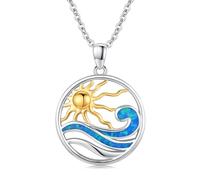 Twoowl Collana con ciondolo a forma di onda, in argento Sterling 925, con ciondolo a forma di sole, oceano, surf, estate, hawaiana, spiaggia, oceano, gioiello da donna, 22*22mm, Argento sterling