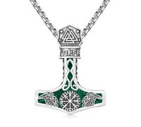 Twoowl Mjölnir - Collana in argento Sterling con ciondolo a forma di malachite vichingo, Odin Thor martello corvo, con rune nordiche, amuleto, idea regalo per donne e uomini