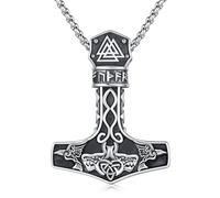 Twoowl Mjolnir - Collana in argento sterling con bussola vichinga, ciondolo a forma di martello, collana corvo, rune nordiche, vegvisir, amuleto, idea regalo per donne e uomini, 30*35mm, Argento
