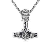 Twoowl Mjolnir - Collana in argento sterling con bussola vichinga, ciondolo a forma di martello e corvo, per donne e uomini, 30*35mm, Argento sterling, Nessuna pietra preziosa