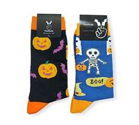 TwoSocks Calzini divertenti | Donna & Uomo | Calze divertenti per Halloween & scoiattolo come regalo | Cotone | Taglia unica, Scheletro e zucca, Taglia unica