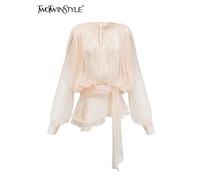 TWOTWINSTYLE Elegante Mini Abito Increspato Per Le Donne Girocollo Lanterna Manica Lunga Vita Alta Temperamento Abiti Moda Femminile