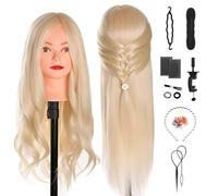 TwoWin Testa di manichino da parrucchiere, 50,8 cm, 80% capelli veri, testa per lo styling della parrucca con morsetto e set di trecce fai da te (oro chiaro)