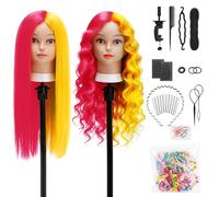 TwoWin Testa di manichino da parrucchiere, 66 cm, 80% capelli veri, testa per lo styling della parrucca con morsetto e set di trecce fai da te (rosso rosa + giallo)