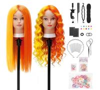 TwoWin - Testa di manichino per la formazione da parrucchiere, modello da 66 cm con capelli reali all'80%, con morsetto e set per trecce fai-da-te (Giallo+Arancio)