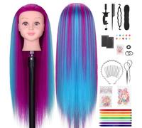 TwoWin Testa di manichino per parrucchieri, in fibra sintetica, 73,7 cm, con morsetto e set per trecce fai da te (blu + viola)