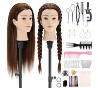 TwoWin Testa Parrucchiere 80% Capelli Veri, 24 Pollici /60 cm Testina Parrucchiere, Testina per Parrucchieri, Testa per Parrucca Con Morsetto & DIY Hair Styling Tools (Marrone scuro)