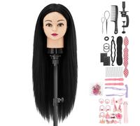 TwoWin Testa Studio Parrucchiere 80% Capelli Veri, 24 Pollici /60 cm Testina Parrucchiere, Testina per Parrucchieri, Testa per acconciature Con Morsetto & DIY Hair Styling Tools (Nero)